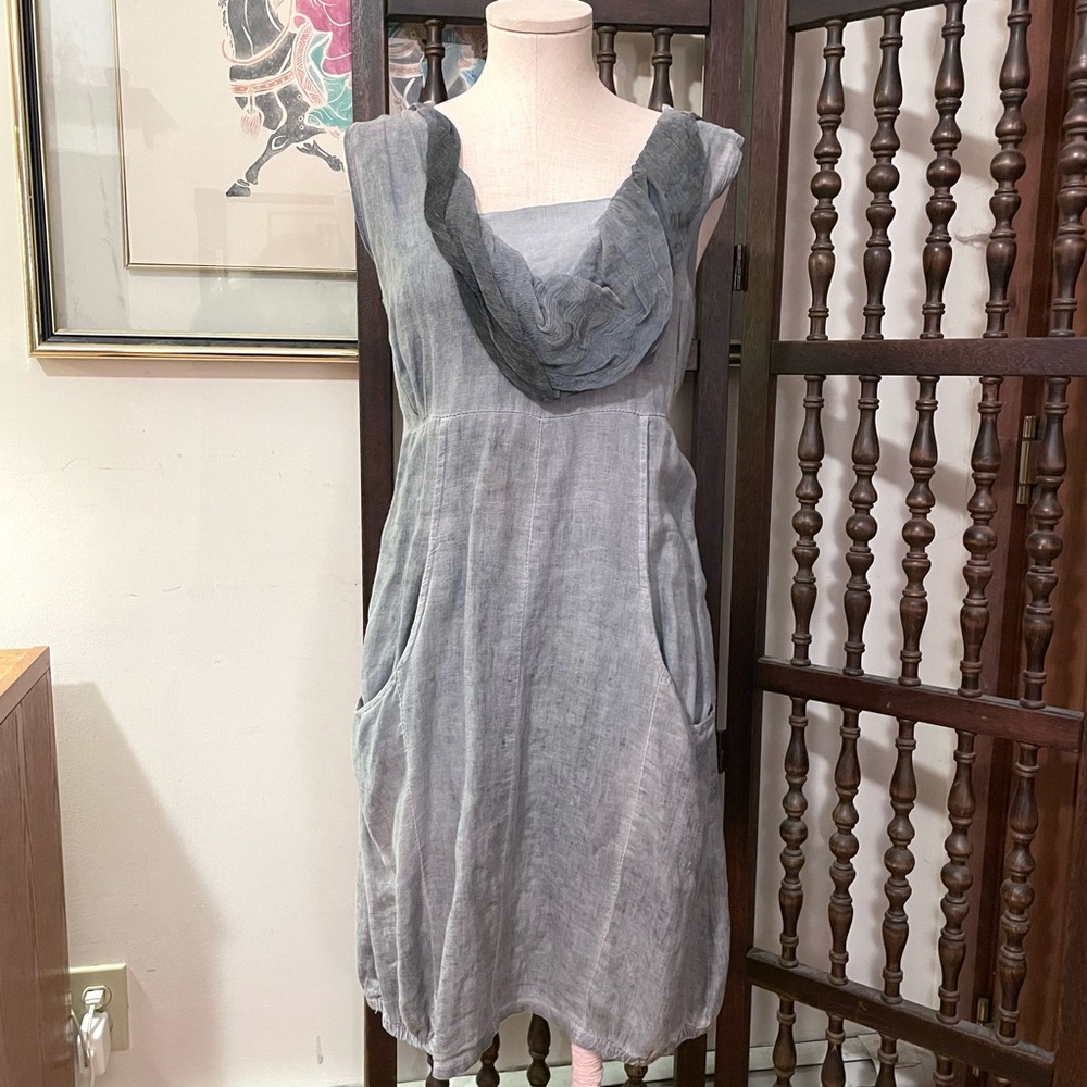 TEMPO PARIS Gray Linen Cotton Lagenlook Fairy Grunge Artsy Cowl Neck Italy Dress